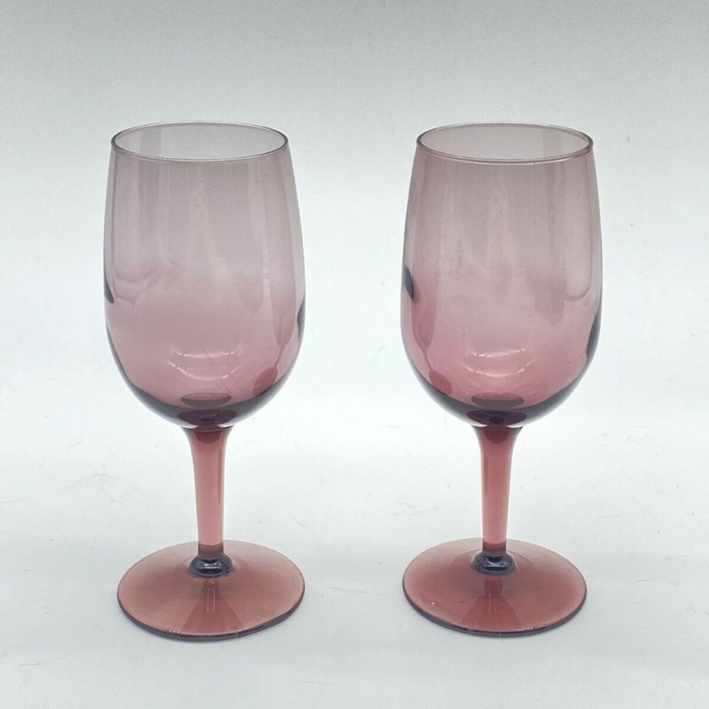 Vintage MCM Amethyst Wine Glasses Set of 2 6.25"H 4 oz Purple Stemware Retro 70s